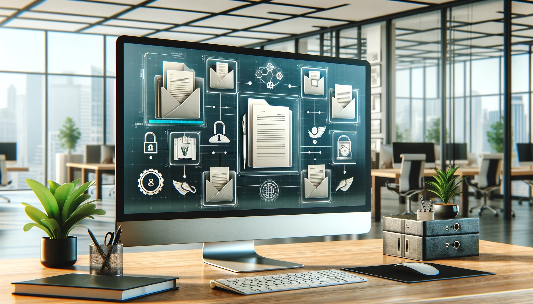 A modern digital document management system interface displayed on a computer screen in an office setting. The interface shows organized folders and d