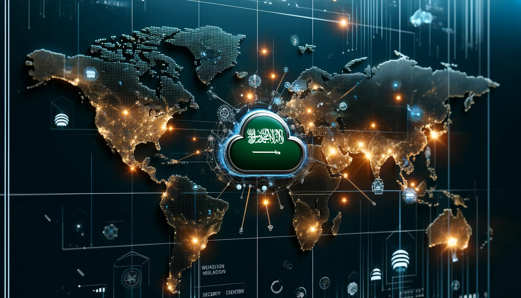 A high-tech global network map highlighting Saudi Arabia and 18 other regions. The map features interconnected data nodes and glowing lines representing