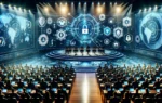 A high-tech conference setting with a focus on cybersecurity. The scene includes a large stage with digital screens displaying cybersecurity visuals,