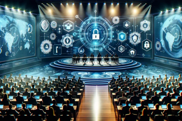 A high-tech conference setting with a focus on cybersecurity. The scene includes a large stage with digital screens displaying cybersecurity visuals,