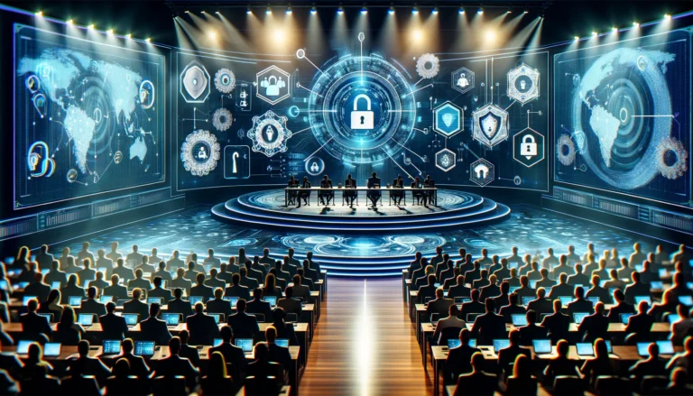 A high-tech conference setting with a focus on cybersecurity. The scene includes a large stage with digital screens displaying cybersecurity visuals,