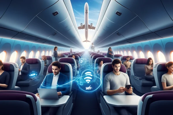 A modern airplane interior with passengers enjoying high-speed internet connectivity. The scene includes people streaming videos, gaming, and browsing