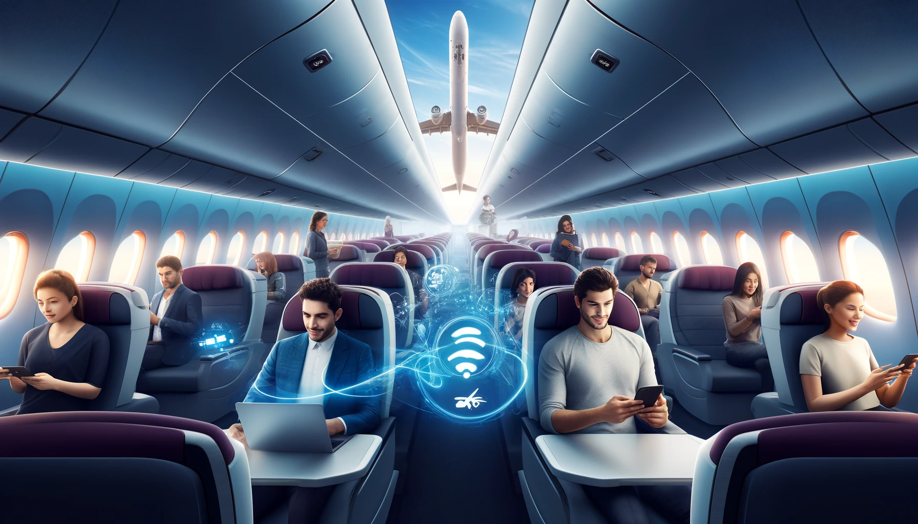 A modern airplane interior with passengers enjoying high-speed internet connectivity. The scene includes people streaming videos, gaming, and browsing