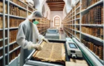 A climate-controlled room filled with ancient manuscripts and books. The scene includes a librarian wearing gloves, carefully handling a tarnished man