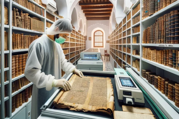 A climate-controlled room filled with ancient manuscripts and books. The scene includes a librarian wearing gloves, carefully handling a tarnished man