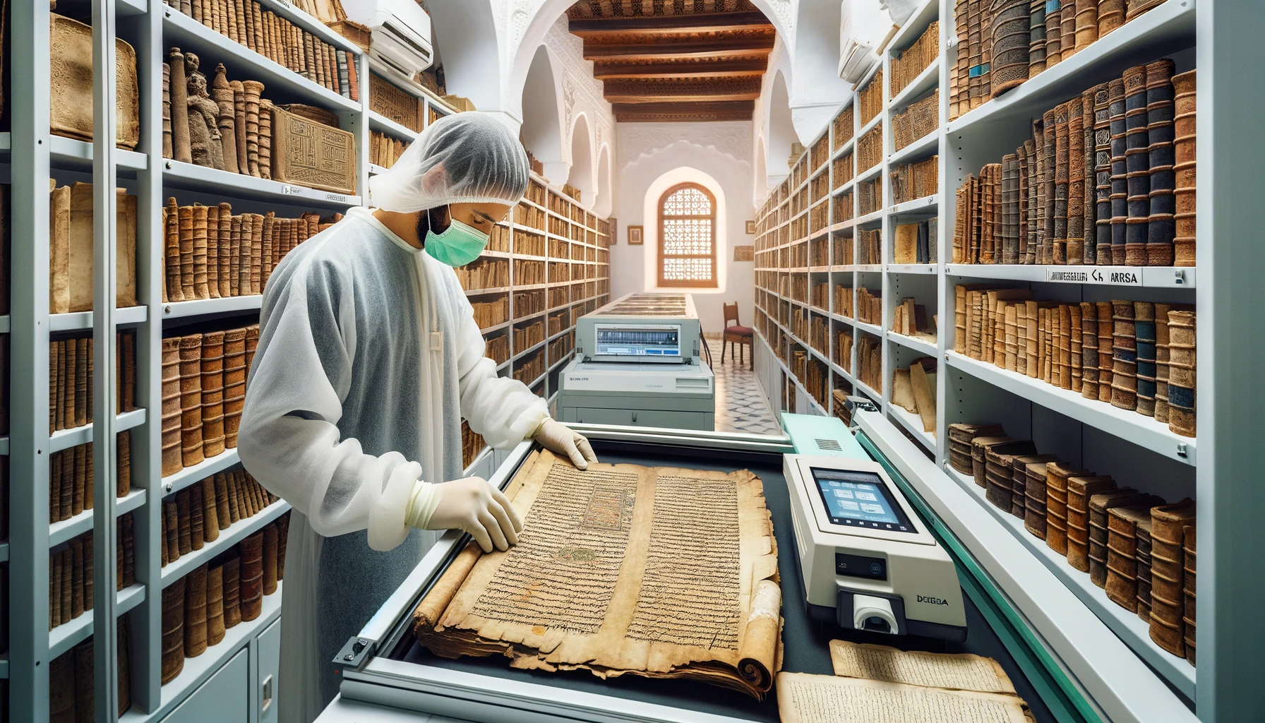 A climate-controlled room filled with ancient manuscripts and books. The scene includes a librarian wearing gloves, carefully handling a tarnished man