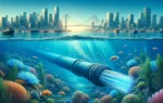 An underwater scene showcasing a modern underwater cable being installed. The scene includes vibrant marine life and clear blue water, with a focus on