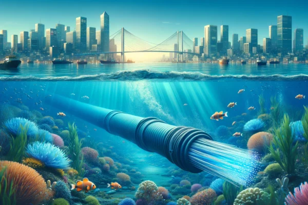 An underwater scene showcasing a modern underwater cable being installed. The scene includes vibrant marine life and clear blue water, with a focus on