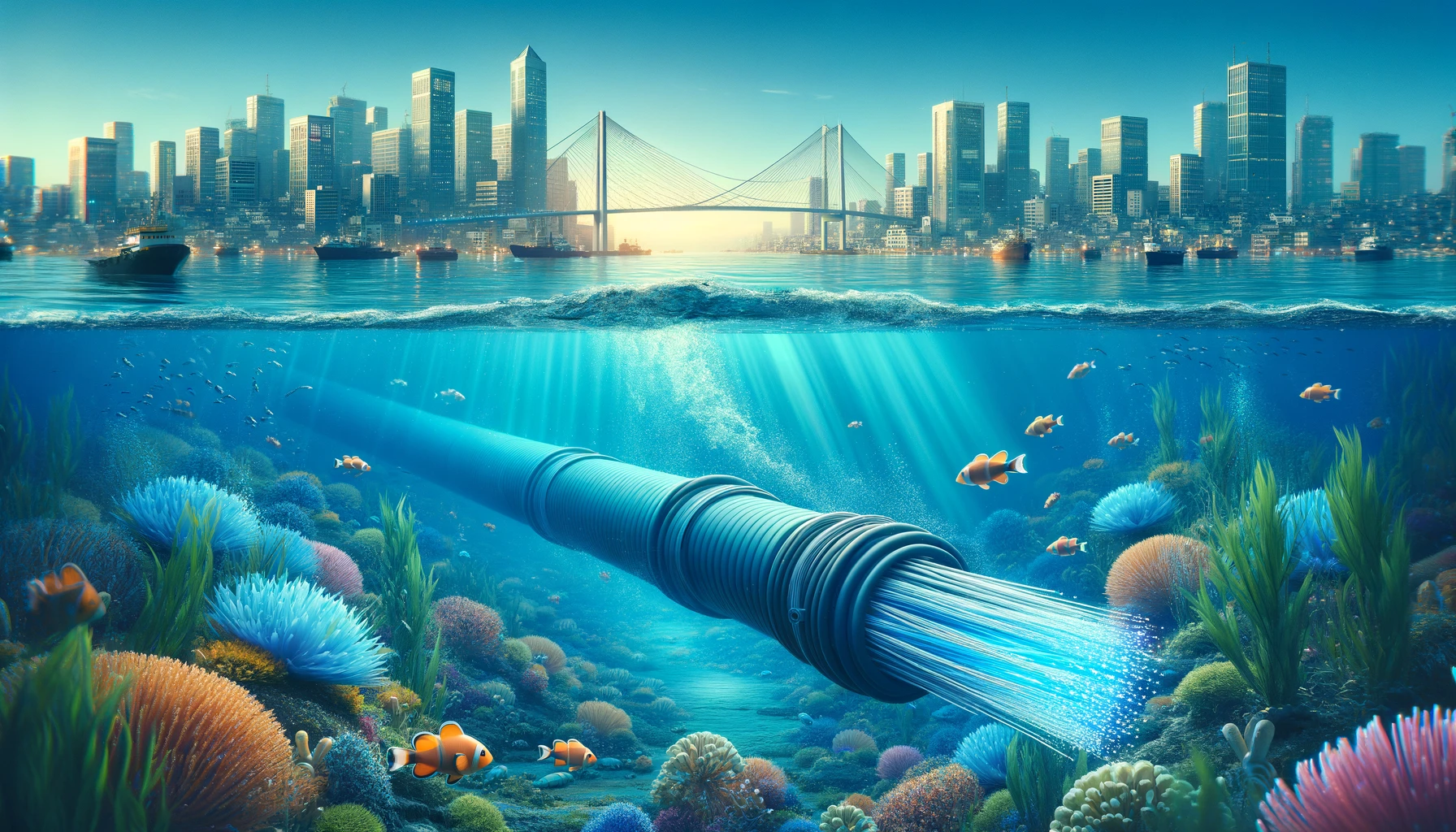 An underwater scene showcasing a modern underwater cable being installed. The scene includes vibrant marine life and clear blue water, with a focus on