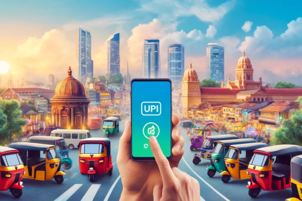 A bustling cityscape of Sri Lanka with iconic landmarks and a ride-hailing app interface on a smartphone screen. The scene includes a happy Indian traveler