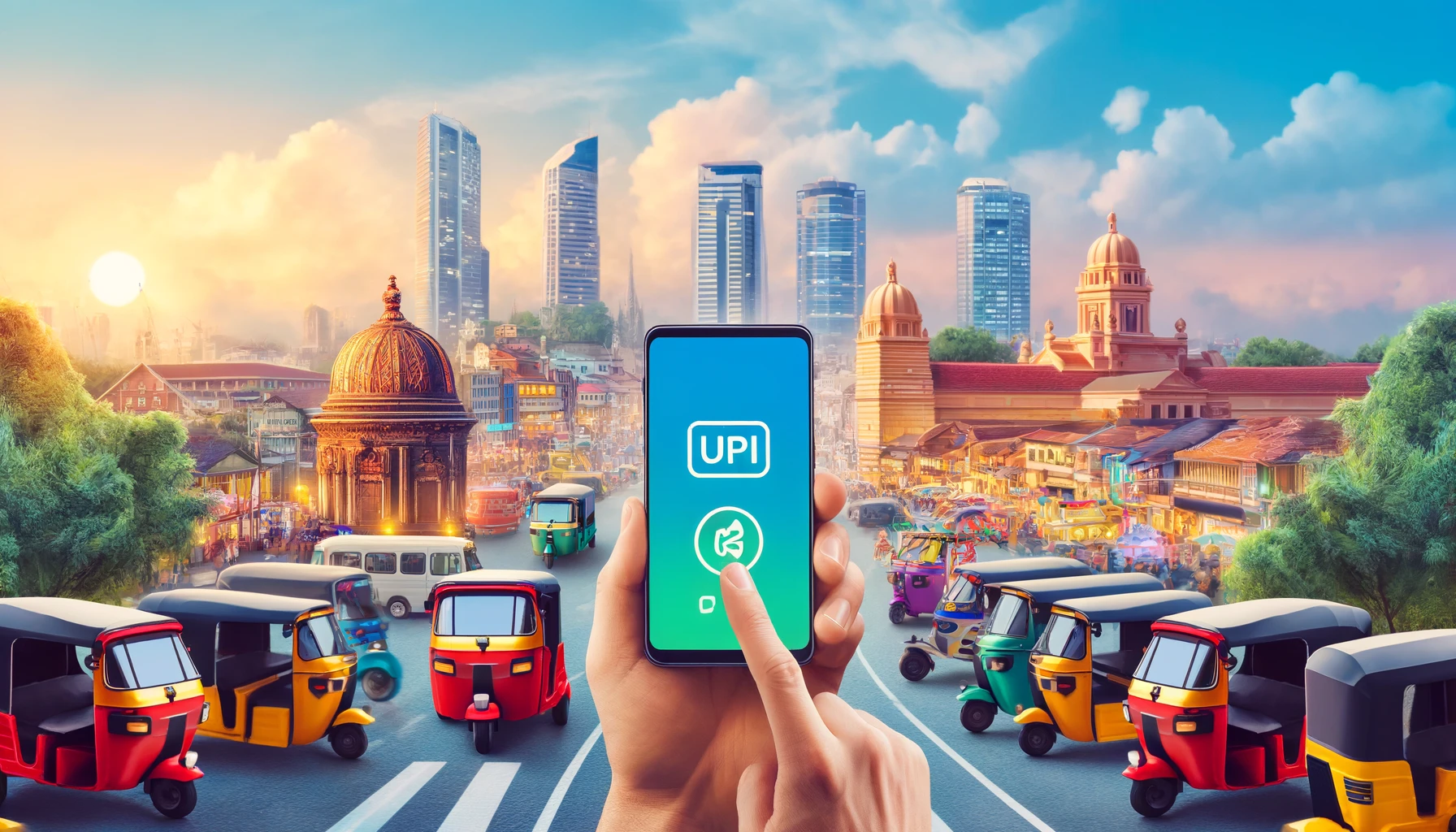 A bustling cityscape of Sri Lanka with iconic landmarks and a ride-hailing app interface on a smartphone screen. The scene includes a happy Indian traveler