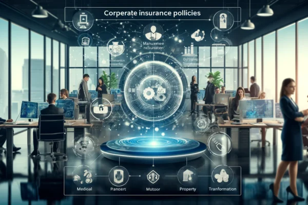 A modern office setting with a digital platform interface on a large screen, showcasing the management of corporate insurance policies. The scene incl