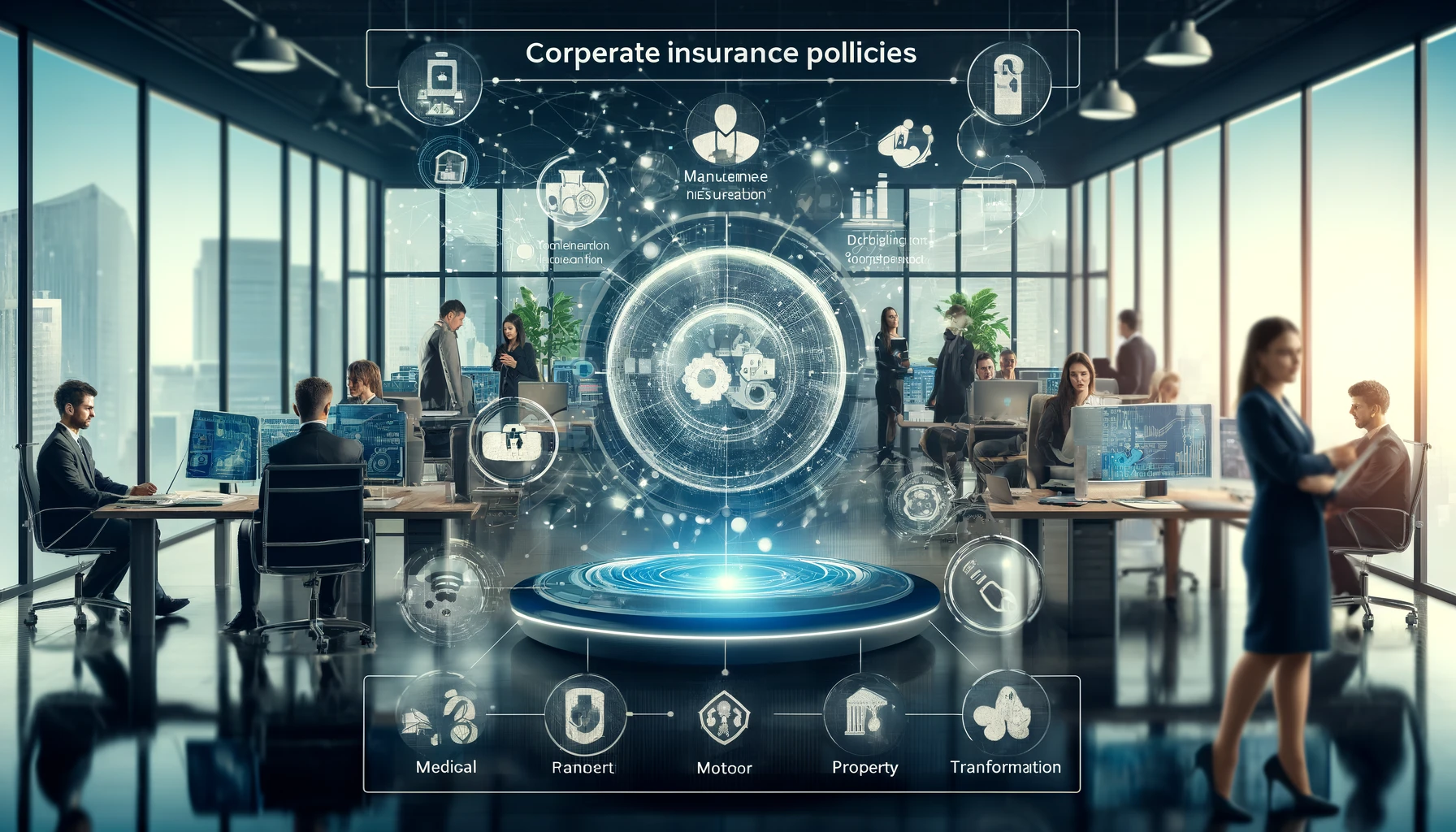 A modern office setting with a digital platform interface on a large screen, showcasing the management of corporate insurance policies. The scene incl