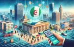 A vibrant cityscape of Algeria featuring a modern digital payment system. The image includes people using mobile devices to make payments via QR codes