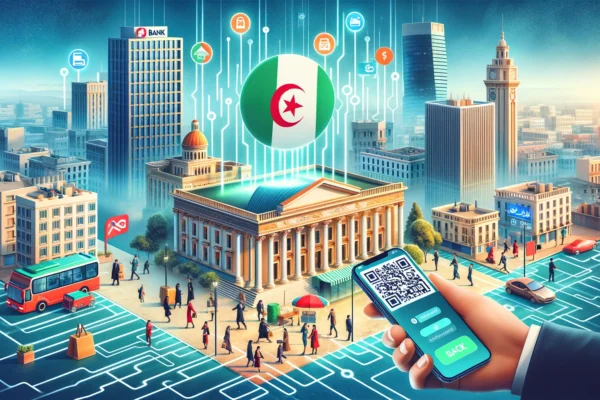 A vibrant cityscape of Algeria featuring a modern digital payment system. The image includes people using mobile devices to make payments via QR codes