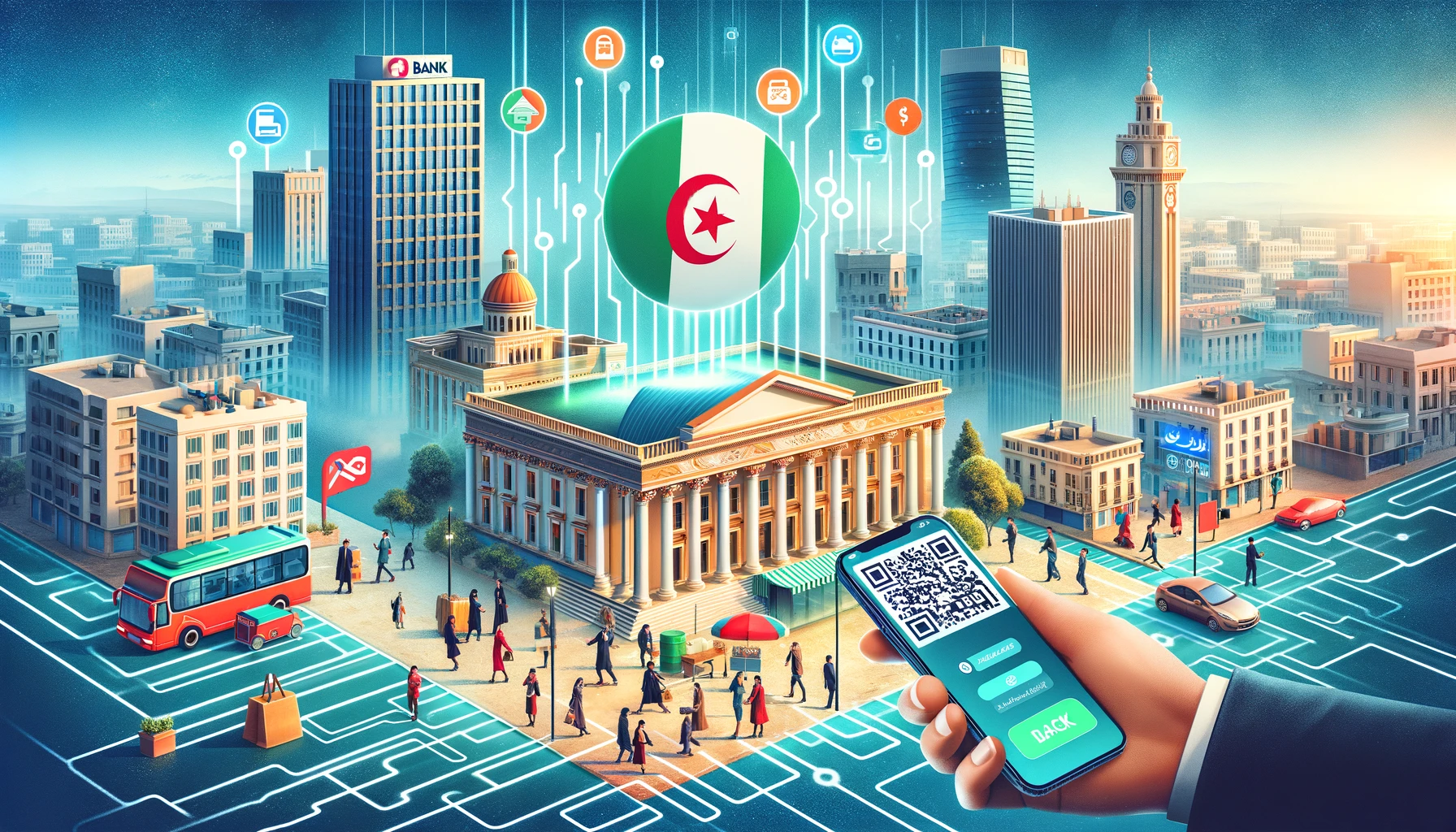 A vibrant cityscape of Algeria featuring a modern digital payment system. The image includes people using mobile devices to make payments via QR codes