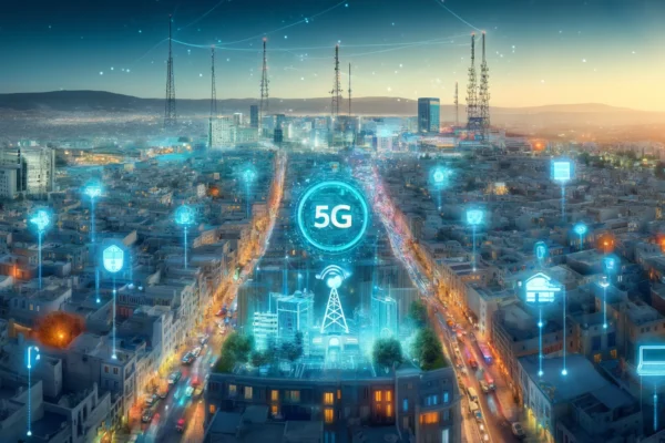 A futuristic cityscape of Tunisia showcasing the implementation of 5G technology. The image includes modern infrastructure with digital elements such