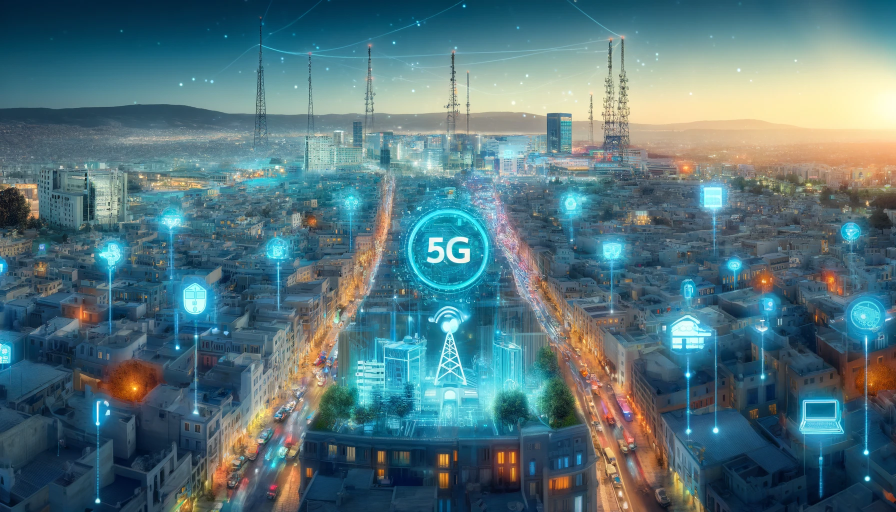 A futuristic cityscape of Tunisia showcasing the implementation of 5G technology. The image includes modern infrastructure with digital elements such