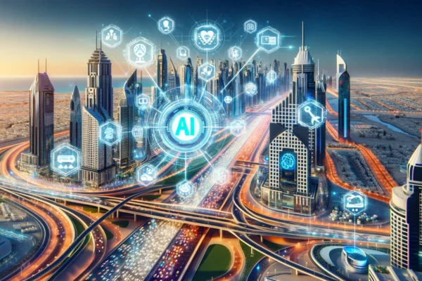 A futuristic cityscape of Dubai with prominent landmarks, showcasing advanced AI integration in government operations. The image includes digital element