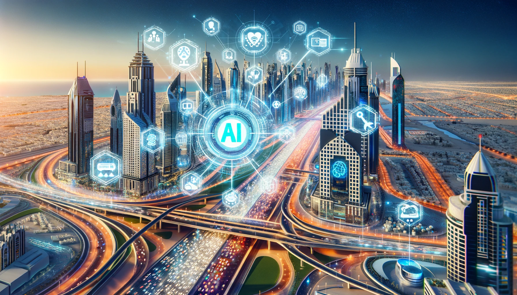 A futuristic cityscape of Dubai with prominent landmarks, showcasing advanced AI integration in government operations. The image includes digital element