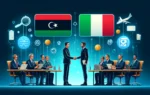 A collaborative meeting scene between Libyan and Italian postal services representatives. The setting includes modern conference rooms, officials shaking hands