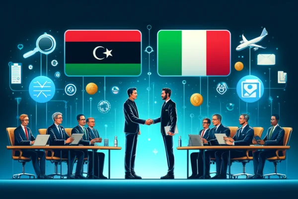 A collaborative meeting scene between Libyan and Italian postal services representatives. The setting includes modern conference rooms, officials shaking hands