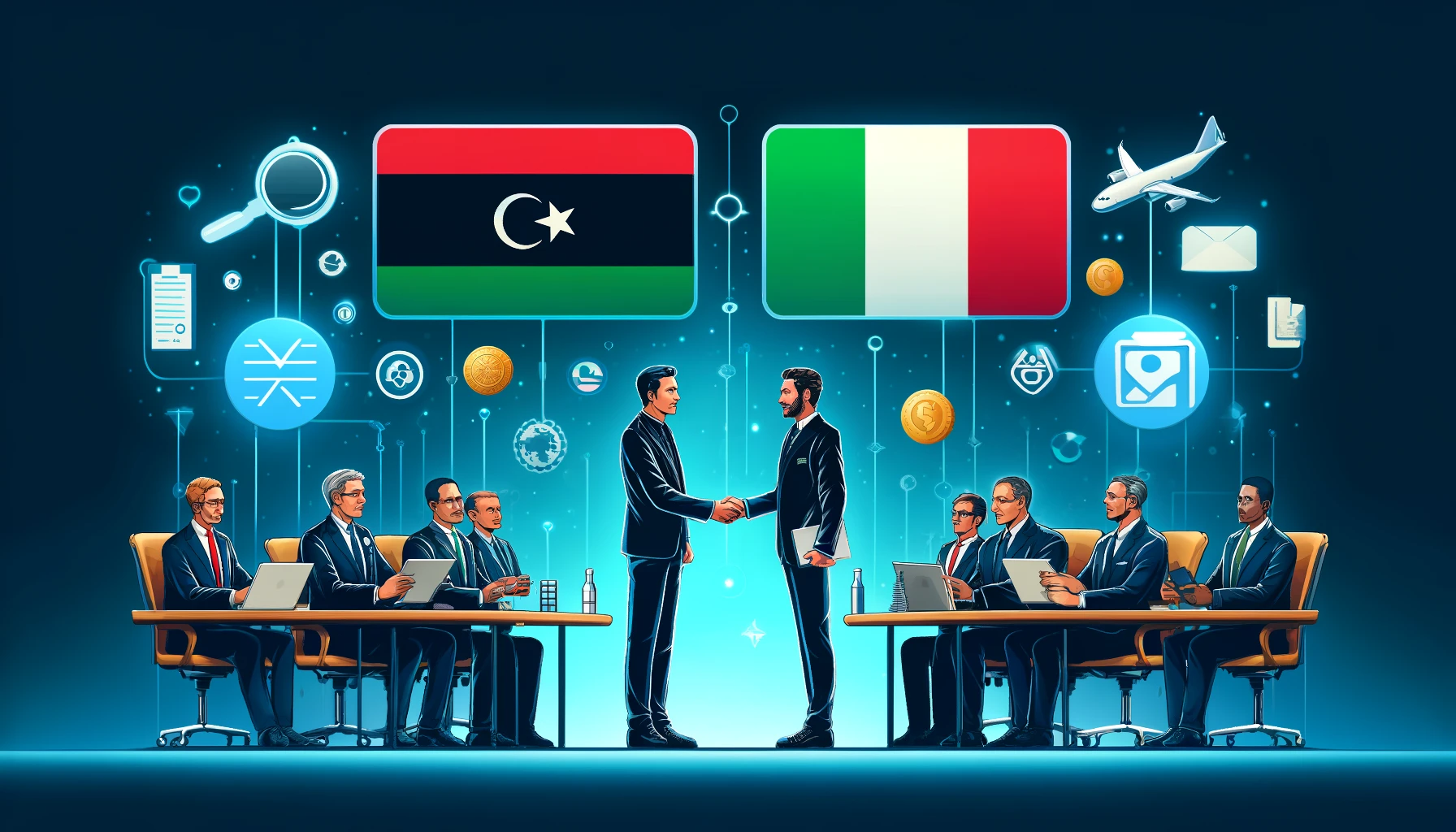 A collaborative meeting scene between Libyan and Italian postal services representatives. The setting includes modern conference rooms, officials shaking hands