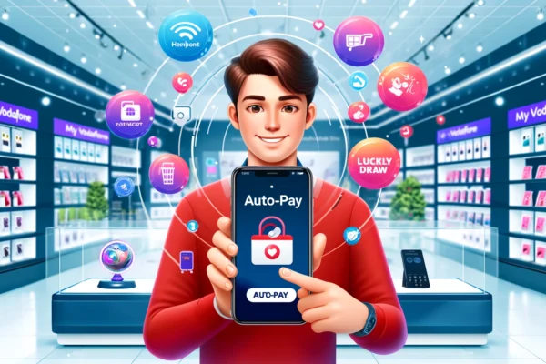 A vibrant scene depicting a happy Vodafone Qatar customer using the My Vodafone app to set up Auto-Pay. The background includes a modern retail store