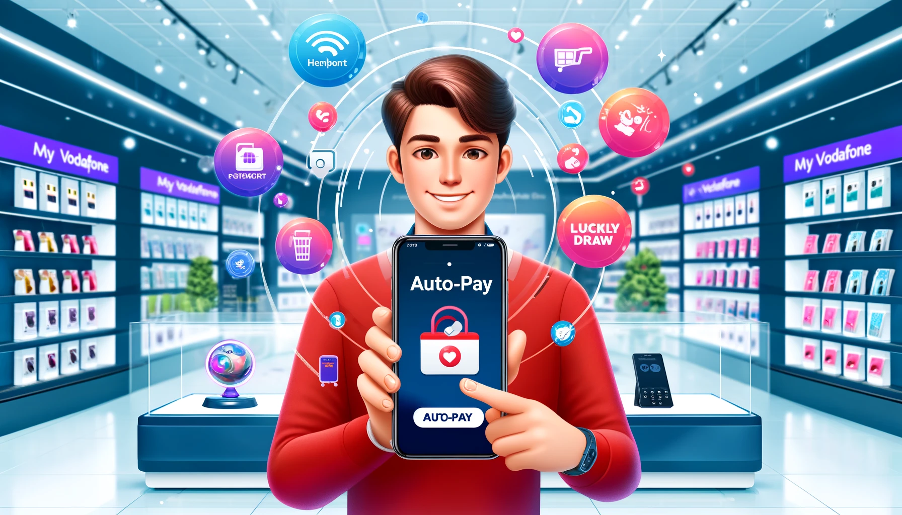 A vibrant scene depicting a happy Vodafone Qatar customer using the My Vodafone app to set up Auto-Pay. The background includes a modern retail store