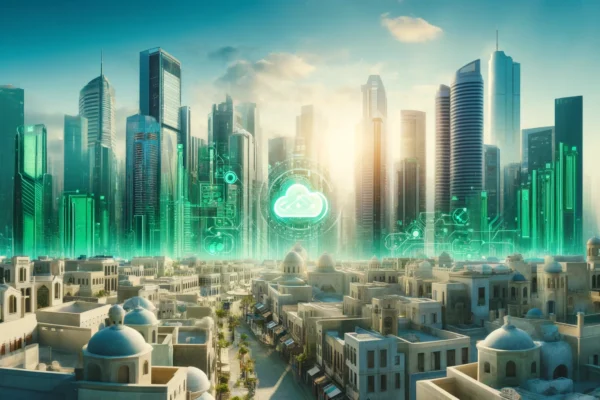 A futuristic cityscape in the Middle East with modern skyscrapers, green data centers, and advanced technology elements like AI and cloud symbols. The