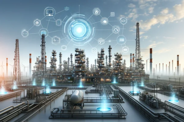 A high-tech industrial scene featuring a modern oil refinery and digital technology elements such as wireless communication towers, futuristic data center