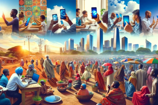 An image showcasing the rise of smartphones in Africa, featuring people using modern smartphones in various settings such as urban areas, markets, and