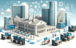 A scene showing a collaboration between a university and a technology company, featuring modern university buildings and advanced technology elements