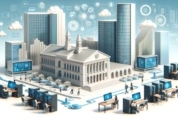 A scene showing a collaboration between a university and a technology company, featuring modern university buildings and advanced technology elements