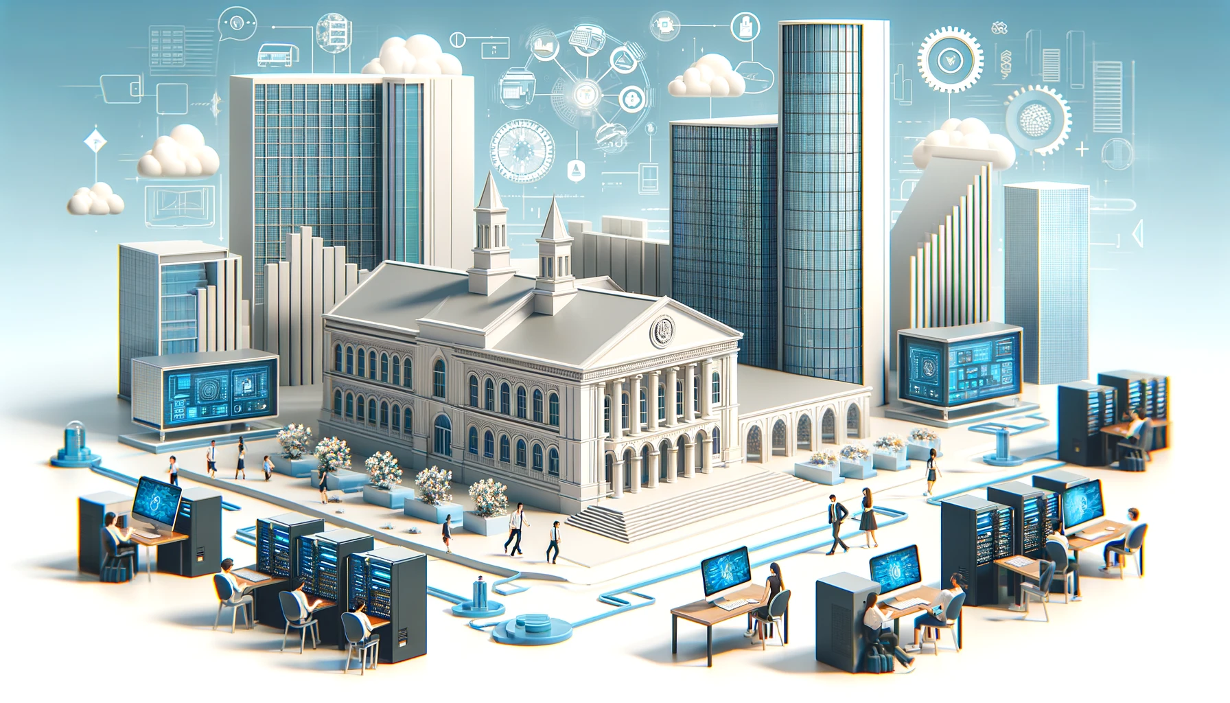 A scene showing a collaboration between a university and a technology company, featuring modern university buildings and advanced technology elements