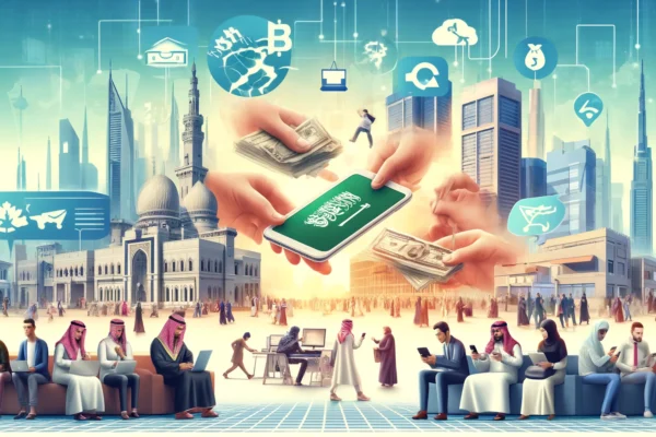 A dynamic scene depicting expatriate workers in Saudi Arabia sending remittances digitally. Include elements such as people using smartphones and comp