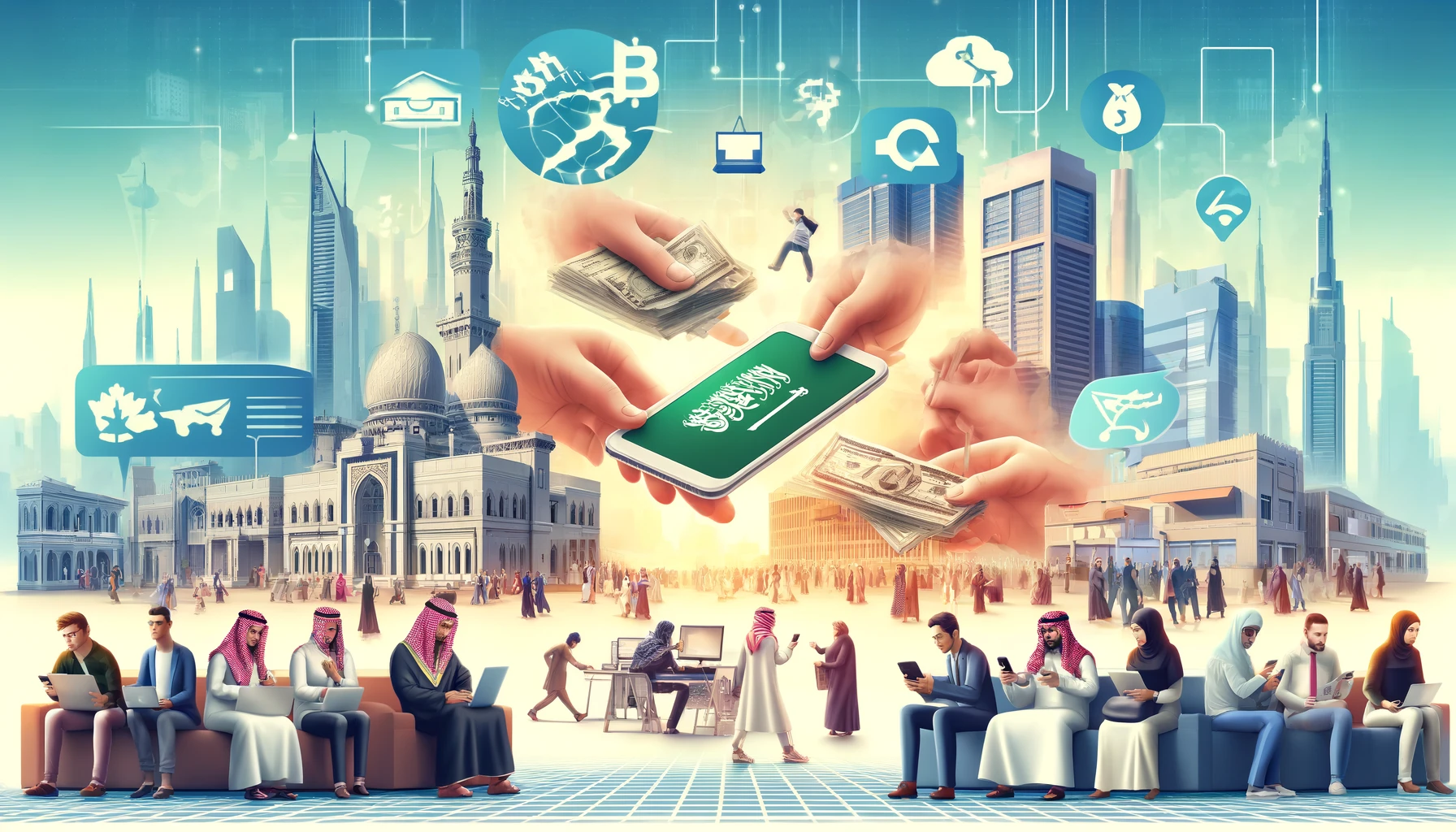 A dynamic scene depicting expatriate workers in Saudi Arabia sending remittances digitally. Include elements such as people using smartphones and comp