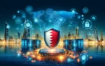 A dynamic scene depicting cybersecurity in Bahrain, featuring digital shields, cybersecurity icons, and a map of Bahrain. The backdrop includes modern