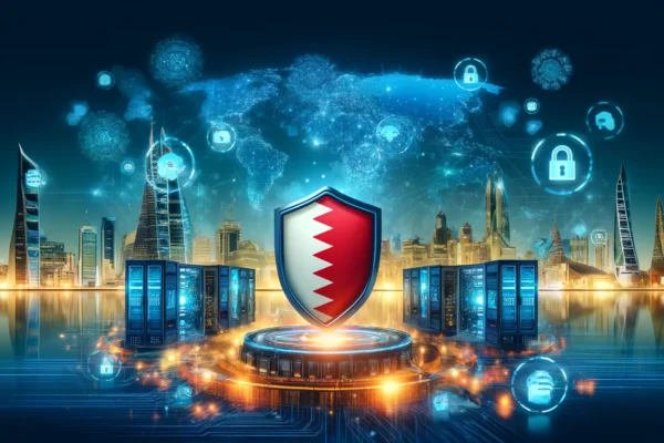 A dynamic scene depicting cybersecurity in Bahrain, featuring digital shields, cybersecurity icons, and a map of Bahrain. The backdrop includes modern