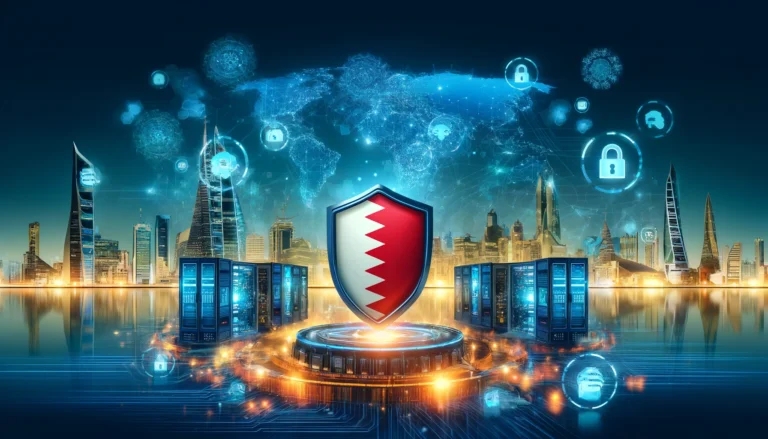 A dynamic scene depicting cybersecurity in Bahrain, featuring digital shields, cybersecurity icons, and a map of Bahrain. The backdrop includes modern