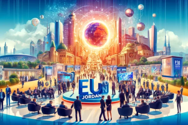 A vibrant scene depicting the EU-Jordan Business Forum at the Four Seasons Hotel in Amman. Include elements like international business delegates, net