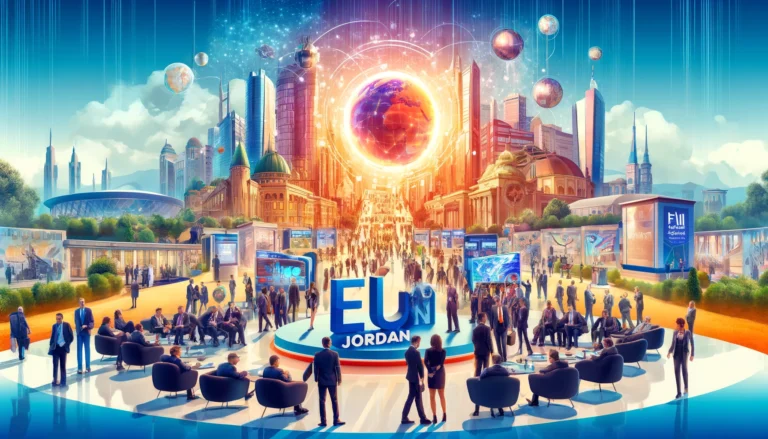 A vibrant scene depicting the EU-Jordan Business Forum at the Four Seasons Hotel in Amman. Include elements like international business delegates, net