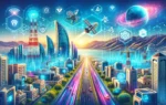 A vibrant scene depicting Oman's digital transformation and cybersecurity efforts. Include elements such as modern technology icons, 5G towers, AI sym