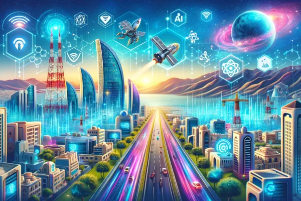 A vibrant scene depicting Oman's digital transformation and cybersecurity efforts. Include elements such as modern technology icons, 5G towers, AI sym