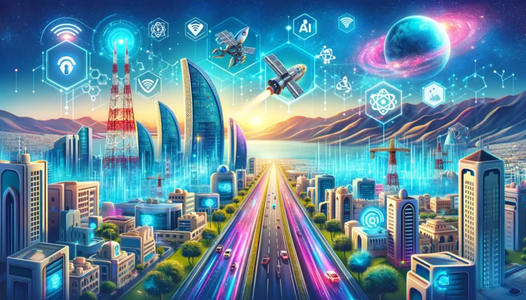 A vibrant scene depicting Oman's digital transformation and cybersecurity efforts. Include elements such as modern technology icons, 5G towers, AI sym