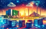 A vibrant scene depicting the growth of Pakistan's IT sector, featuring modern technology elements like data centers, servers, and IT parks. Include u