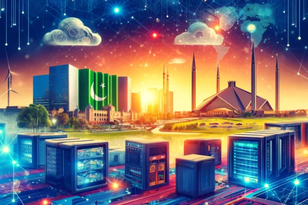 A vibrant scene depicting the growth of Pakistan's IT sector, featuring modern technology elements like data centers, servers, and IT parks. Include u