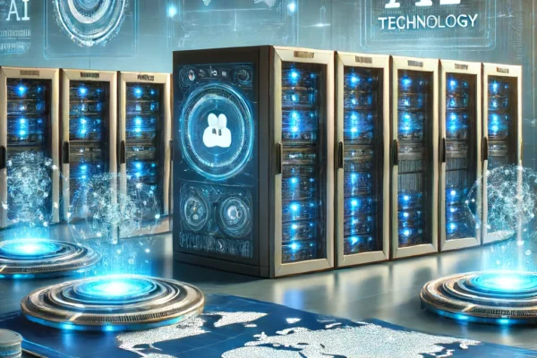 A high-tech data center with advanced AI technology integration. The scene includes futuristic servers with glowing blue lights, holographic displays