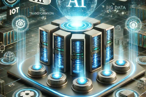 A futuristic digital transformation scene showcasing advanced AI and big data solutions. The image features sleek, modern data centers with glowing se