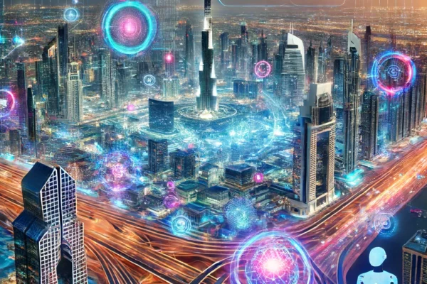 A futuristic scene of Dubai with a focus on AI and technology. The image features the iconic Dubai skyline, including the Burj Khalifa, integrated with